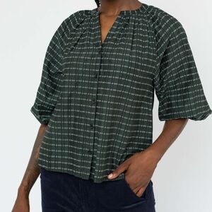 Apiece Apart Mittle Blouse Silk Cotton Green Black White Stripe Plaid